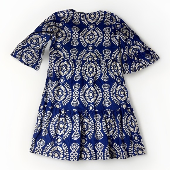 Saiph Lab Tiered Santorini Dress Womens Small White Blue Floral Bell Sleeve - Picture 2 of 13